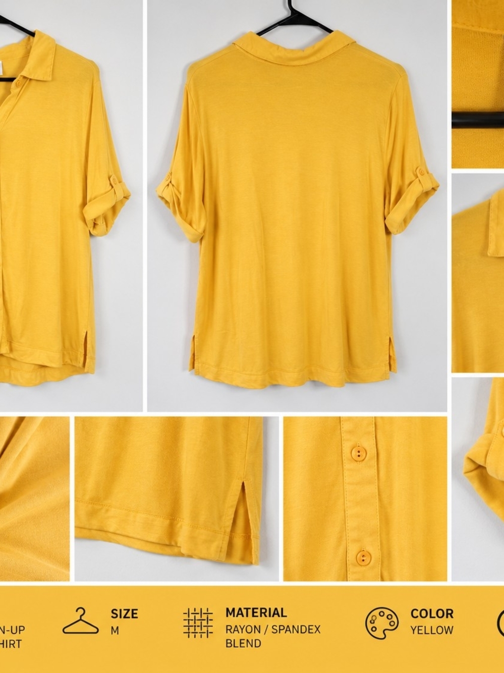 Soma Women's Yellow Button-Up Short Sleeve CollarYellow Collared Roll-Sleeve Top